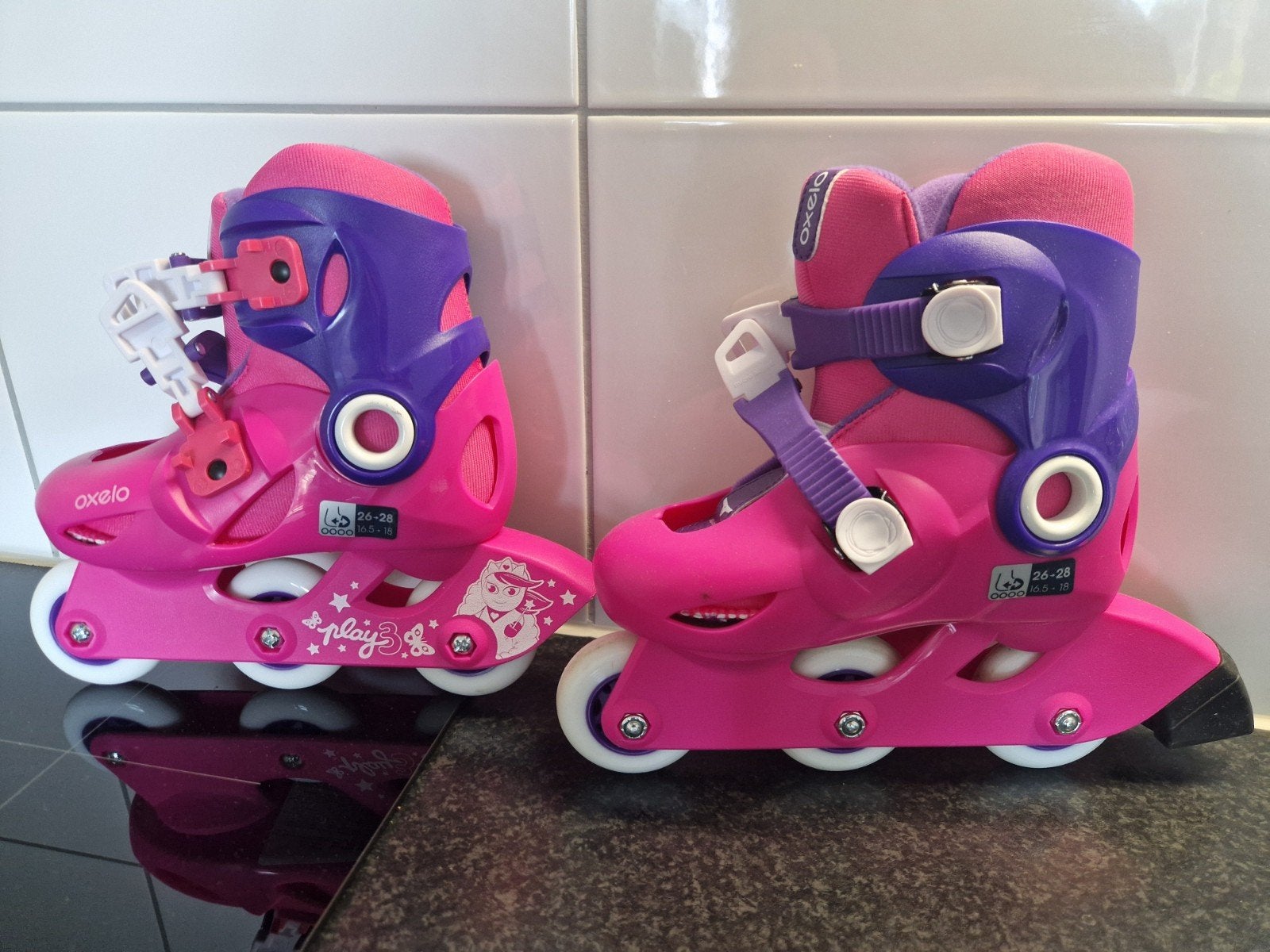 Kinderskates en beschermers maat 26-28 roze Decathlon, Ophalen, Nieuw, Bescherming