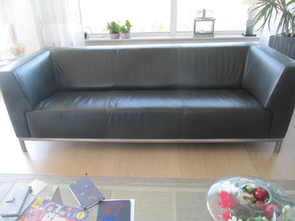 Mooie, ruime 3zits grijze leren bank te koop, Ophalen, Gebruikt, Driepersoons, 75 tot 100 cm