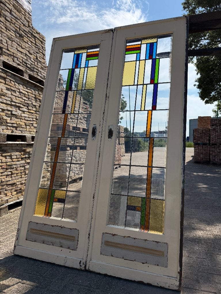 Set schuif / en-suite deuren met glas in lood 212x135cm., Antiek en Kunst, Curiosa en Brocante, Ophalen