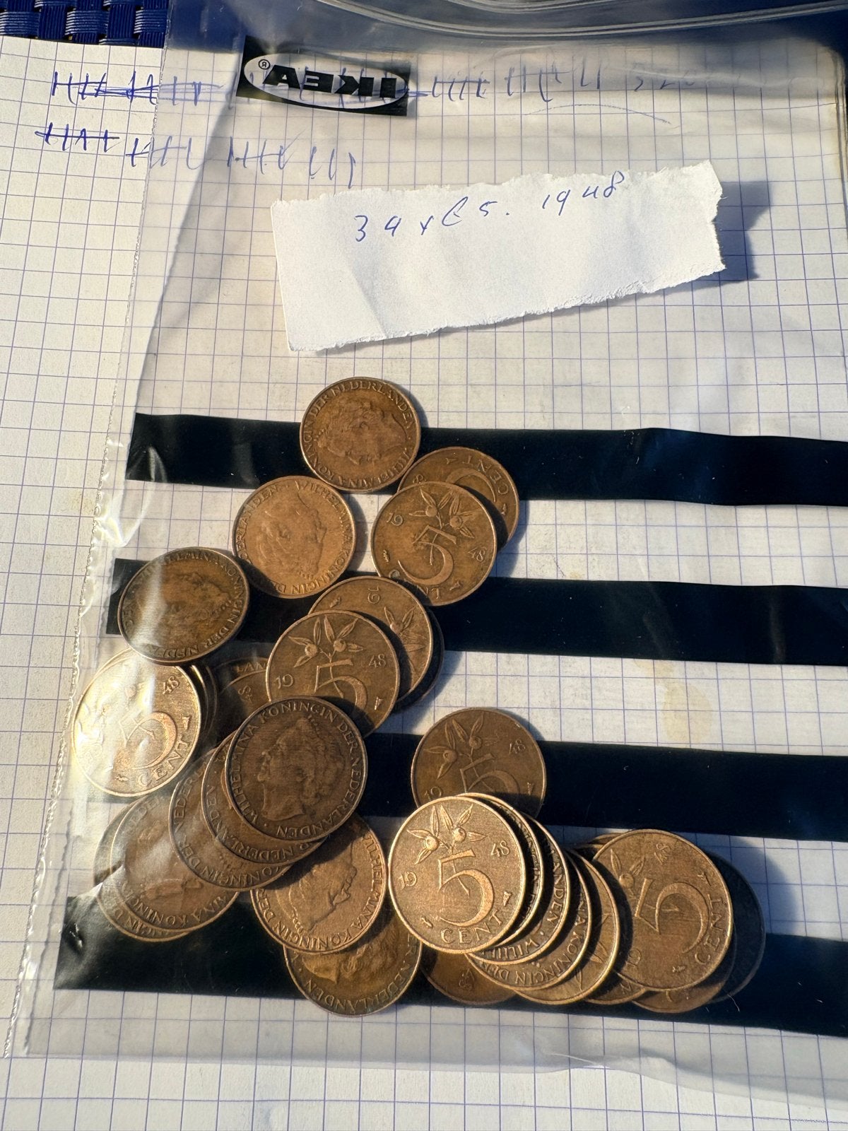 34x 5 cent munten uit 1948 met Wilhelmina, Postzegels en Munten, Ophalen of Verzenden, Koningin Wilhelmina, 5 cent, Losse munt