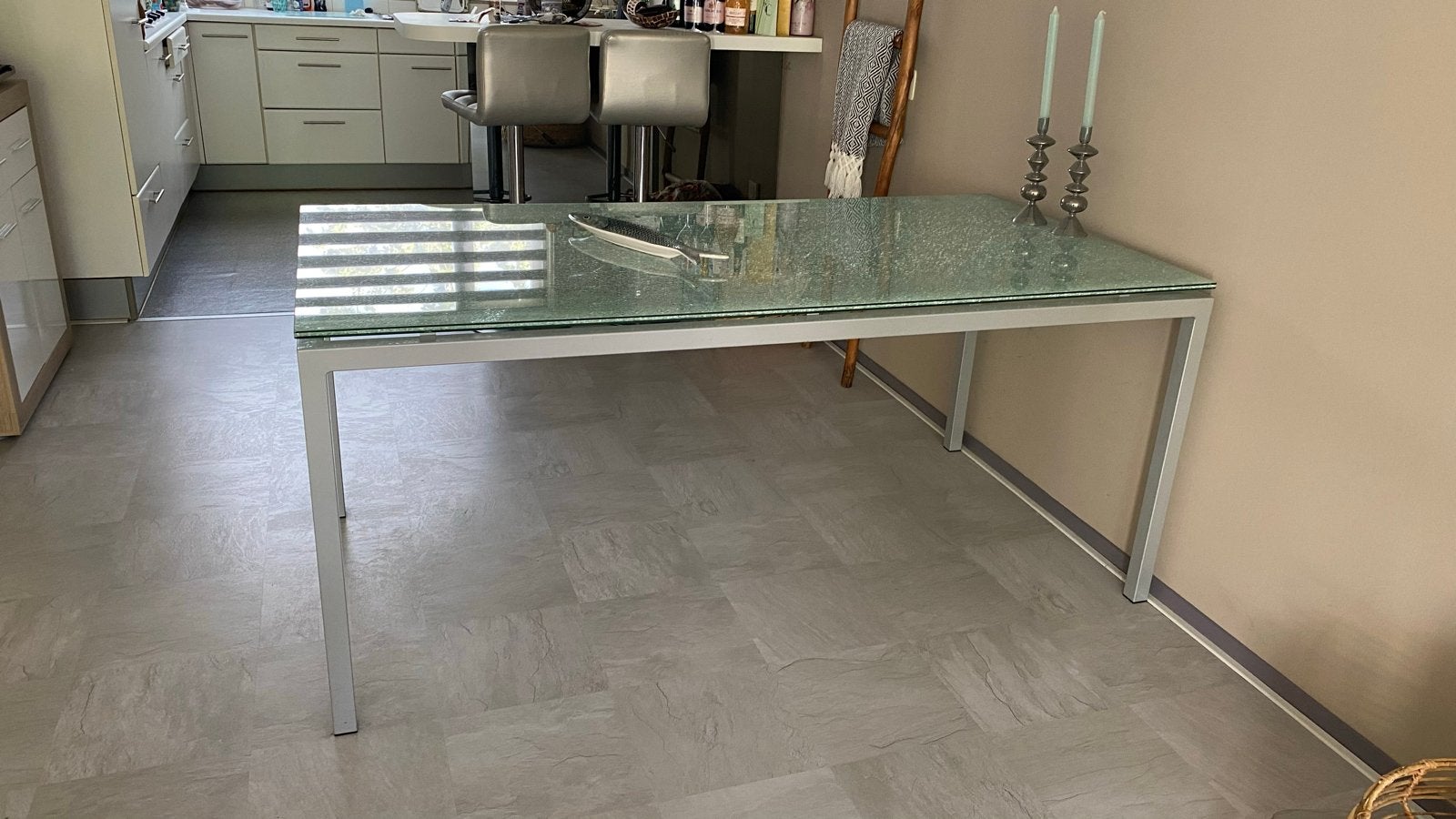 Robuuste glazen eettafel 180x90 cm, Ophalen, Gebruikt, 50 tot 100 cm, Glas