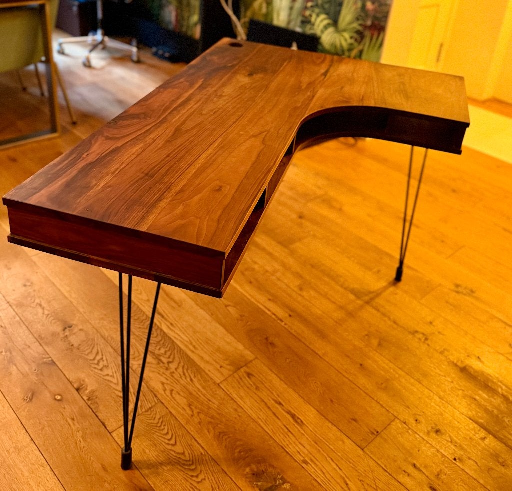 Uniek houten hoekbureau met haarspeldpoten, Ophalen, Hout, Hoekbureau, Bruin