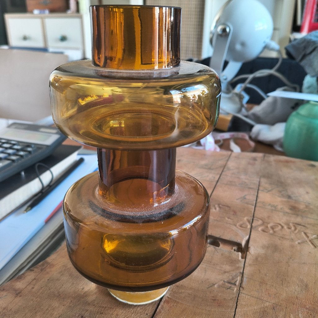 Vintage Amber Glas Vaas (x2) - 17,5 cm, Ophalen of Verzenden