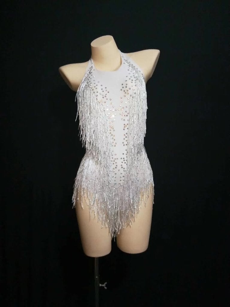 Dames witte glitter bodysuit jumpsuit feest festival outfit, Verzenden, Maat 42/44 (L), Nieuw, Overige thema's