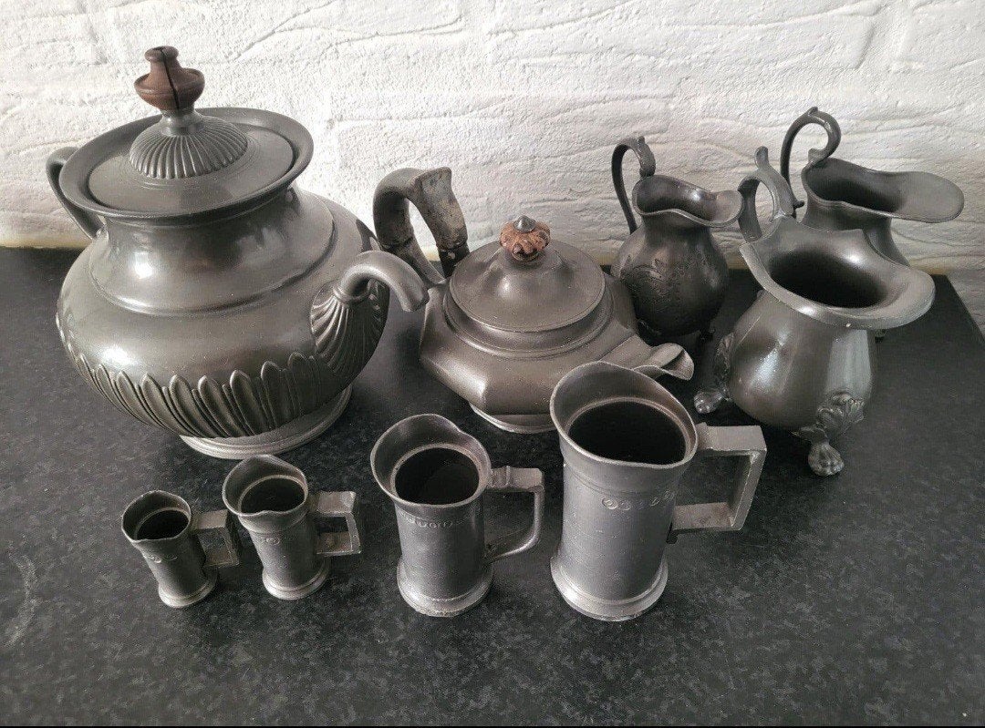 Antiek tinnen theeservies en kannen, Antiek en Kunst, Ophalen of Verzenden