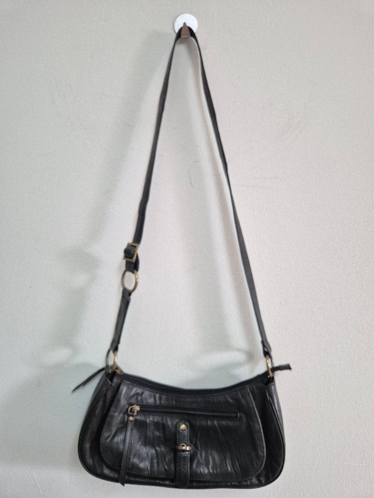 Tas43 - Zwarte leren schoudertas (1), Sieraden, Tassen en Uiterlijk, Tassen | Schoudertassen, Ophalen of Verzenden, Zwart