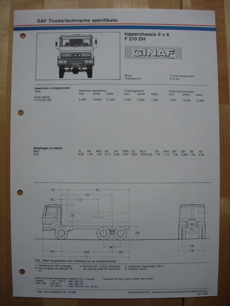 GINAF F210 DH Technische Specificatie Folder 1982 – 6x6, Ophalen of Verzenden, Zo goed als nieuw, Overige merken, GINAF