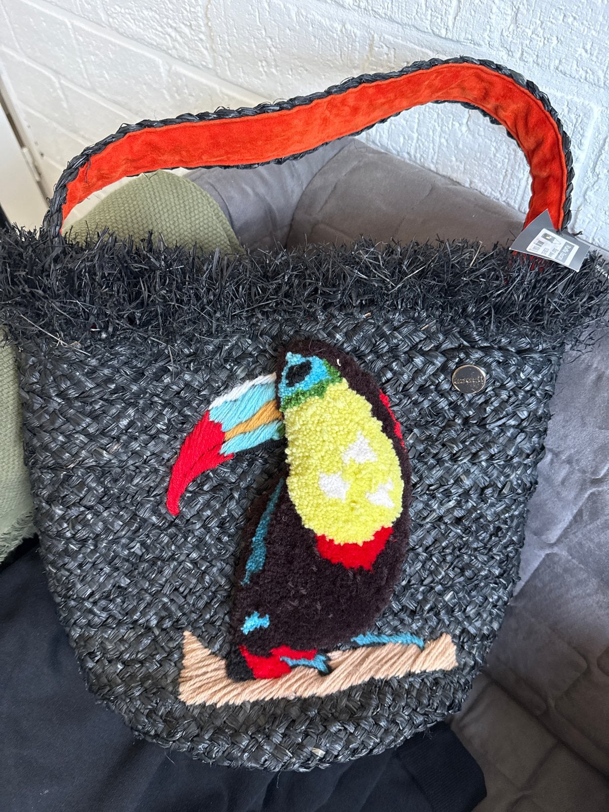 Zwarte rieten tas met toekan borduursel, Sieraden, Tassen en Uiterlijk, Tassen | Damestassen, Ophalen, Nieuw, Zwart, Handtas