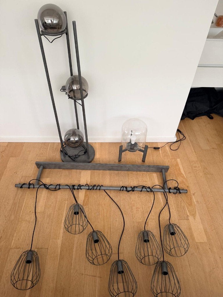 Set van 3 industriële lampen - oud zilver, Huis en Inrichting, Lampen | Vloerlampen, Ophalen, 100 tot 150 cm, Zo goed als nieuw