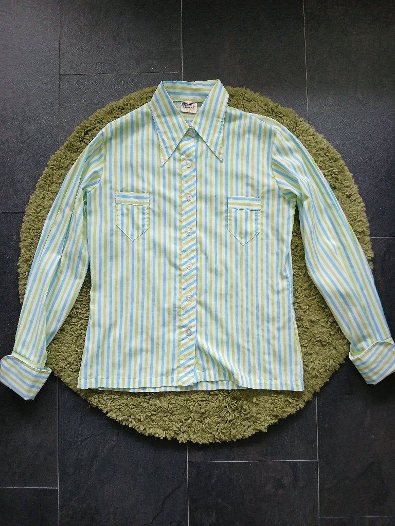 Vintage jaren 70 puntkraag blauw groen gestreepte blouse, M, Maat 38/40 (M), Zo goed als nieuw, Vintage, Verzenden