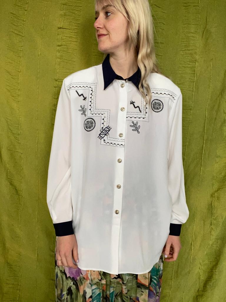 Vintage witte blouse met blauwe kraag - embroidery 42/XL, Hgv, Wit, Hgv, Maat 42/44 (L)