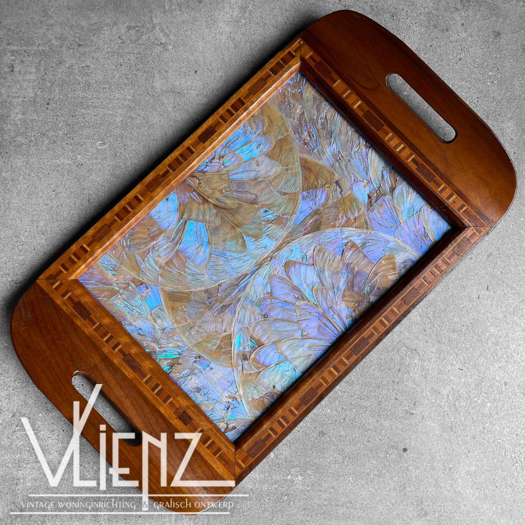 Vintage art deco houten Braziliaans dienblad vlindervleugels, Huis en Inrichting, Woonaccessoires | Dienbladen, Gebruikt, Hout