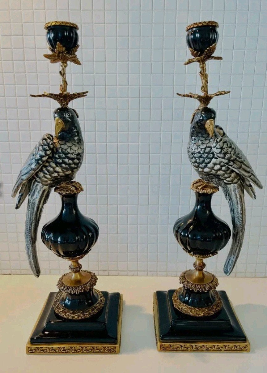 Kandelaar  Porselein, Brons  Exclusief paar papegaaien kunst, Ophalen of Verzenden, Koper of Brons