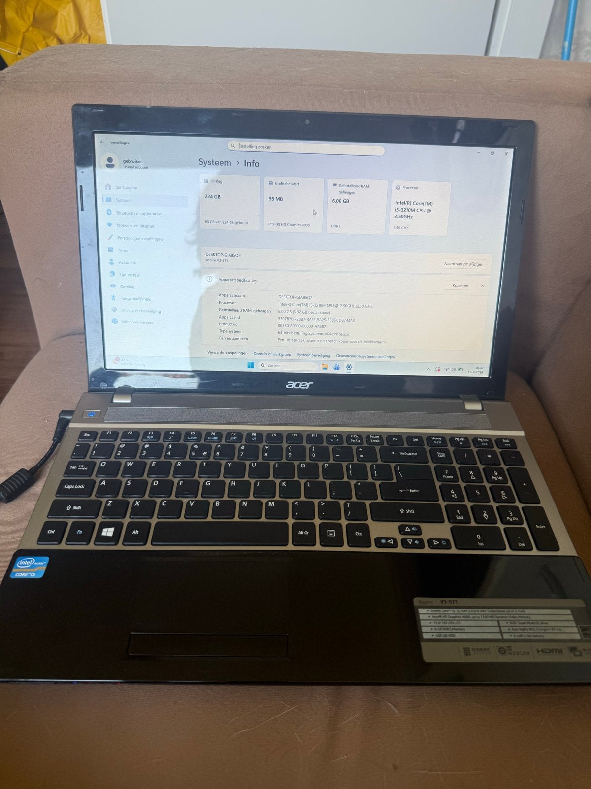 Acer Aspire V3-571 Laptop - Intel Core i5, 6GB RAM, 224GB Op, Ophalen, Gebruikt, 2 tot 3 Ghz, 15 inch
