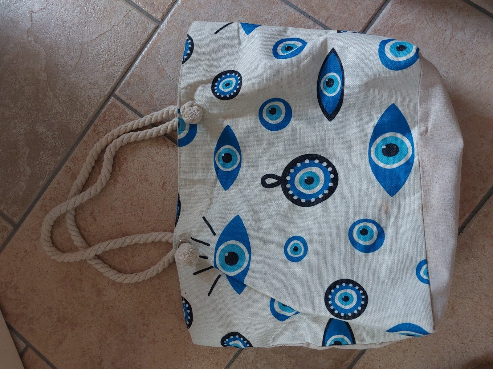 Canvas tas met Evil Eye print - Zo goed als nieuw, Ophalen of Verzenden, Zo goed als nieuw, Beige, Shopper