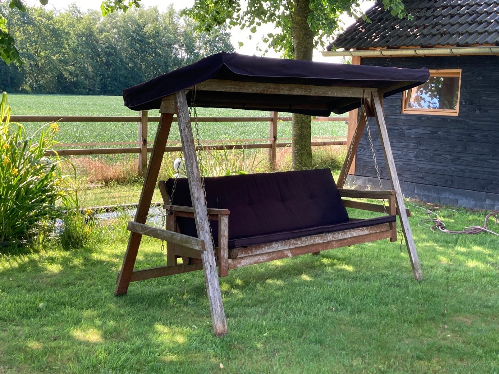 Houten schommelbank met ligfunctie, Tuin en Terras, Tuinbanken, Ophalen, Gebruikt, Hout, Schommelbank