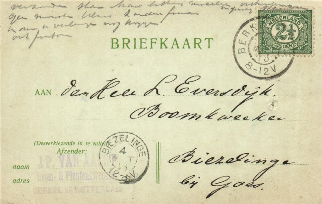 J.P. van Aalst, Berkel bij Rotterdam - 03.1913 - briefkaart, Ophalen of Verzenden, Briefkaart