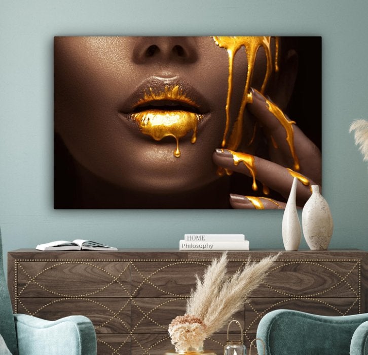 Schilderij 120x80 cm - Luxe Gouden Lippen Wanddecoratie, Huis en Inrichting, Ophalen, Nieuw, Schilderij, 100 tot 125 cm