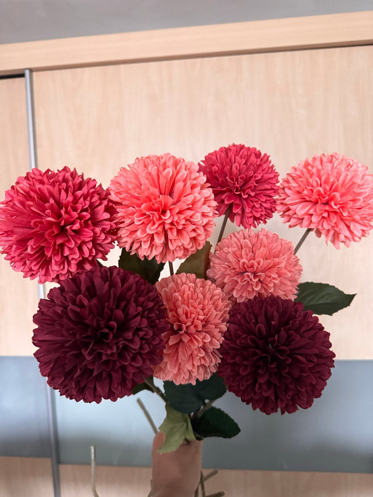 Kunstbloemen Boeket - Rode en Roze Pompon Dahlia's, Ophalen, Binnen, Nieuw, Textiel