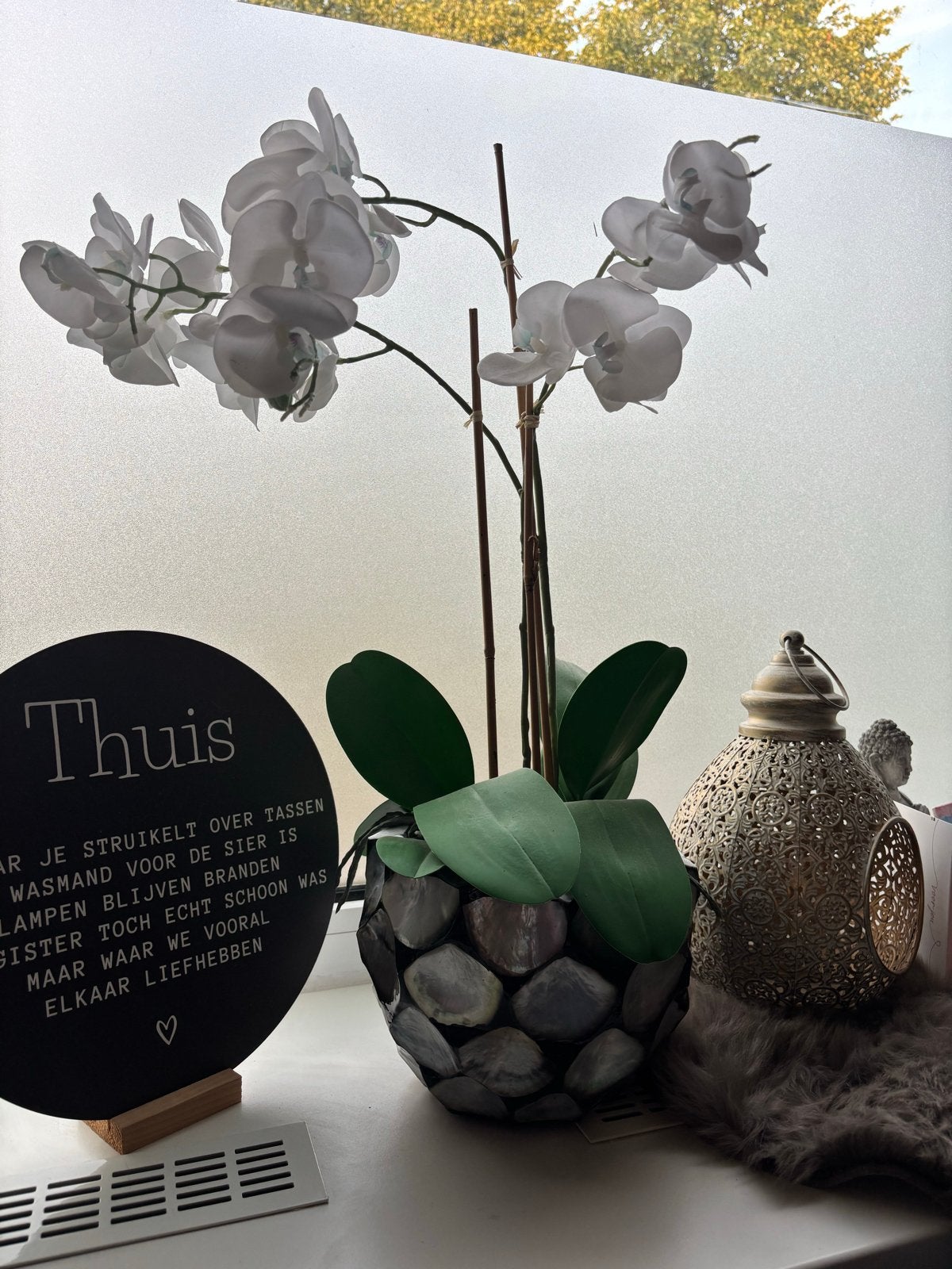 Decoratieve set: Orchidee in schelpenvaas, Huis en Inrichting, Ophalen, Gebruikt, Meerkleurig, Overige materialen