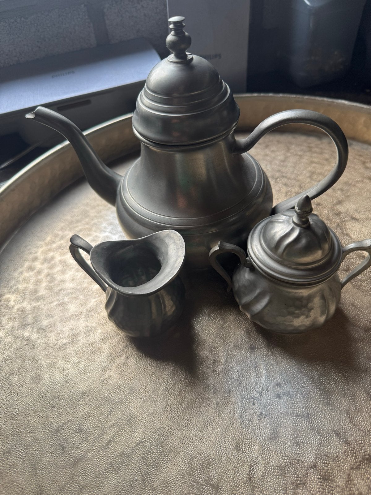 Vintage tinnen theeservies - theepot, suikerpot, melkkan, Ophalen of Verzenden