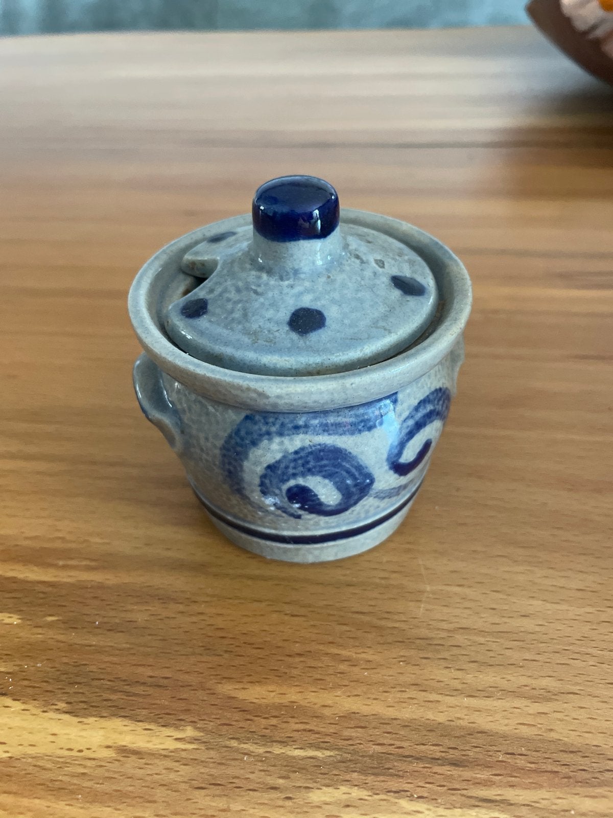 Vintage Aardewerk Potje met Deksel - Blauw/Grijs, Ophalen