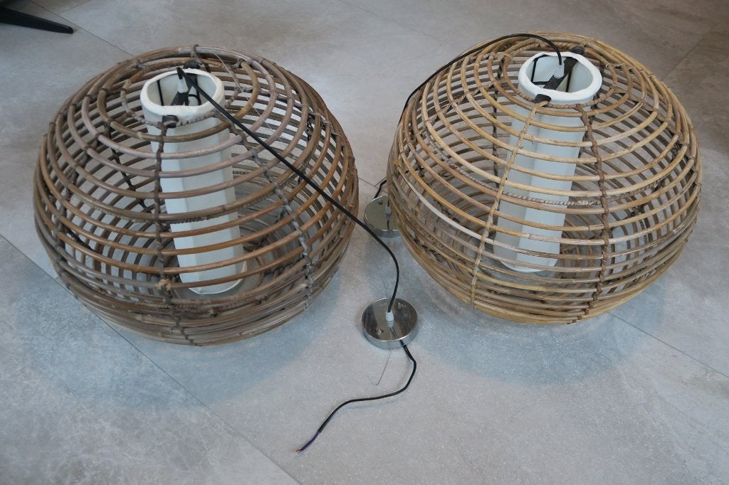 2x Grote Bamboe Hanglampen 54 cm, Huis en Inrichting, Ophalen, Gebruikt, Metaal, Bamboe