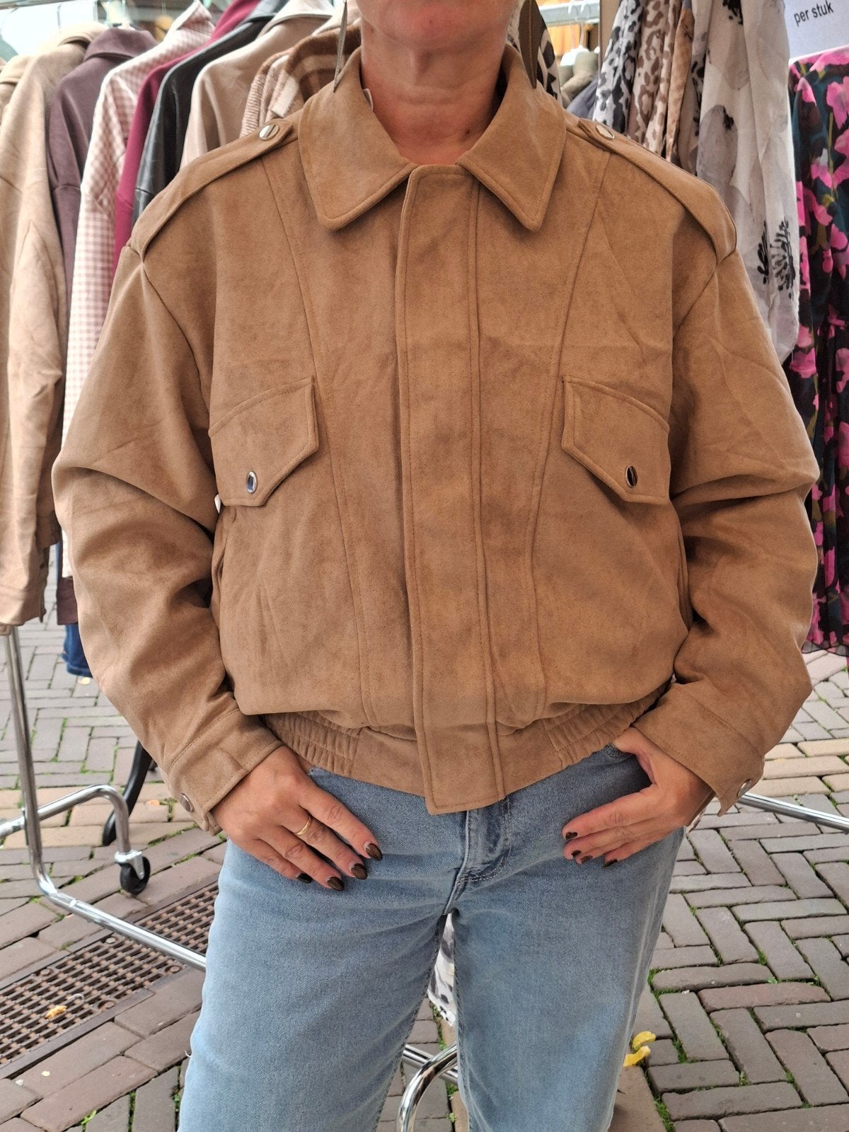 beige camel bruin began suede leren bomber jas oversized S M, Maat 38/40 (M), Unika, Beige, Nieuw