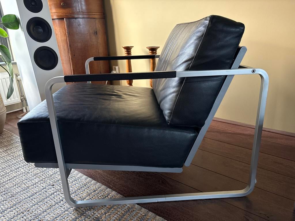 Zanotta Lia Design Fauteuils Roberto Barbieri Zwart Leer, Vintage, 75 tot 100 cm, Ophalen of Verzenden, Zo goed als nieuw