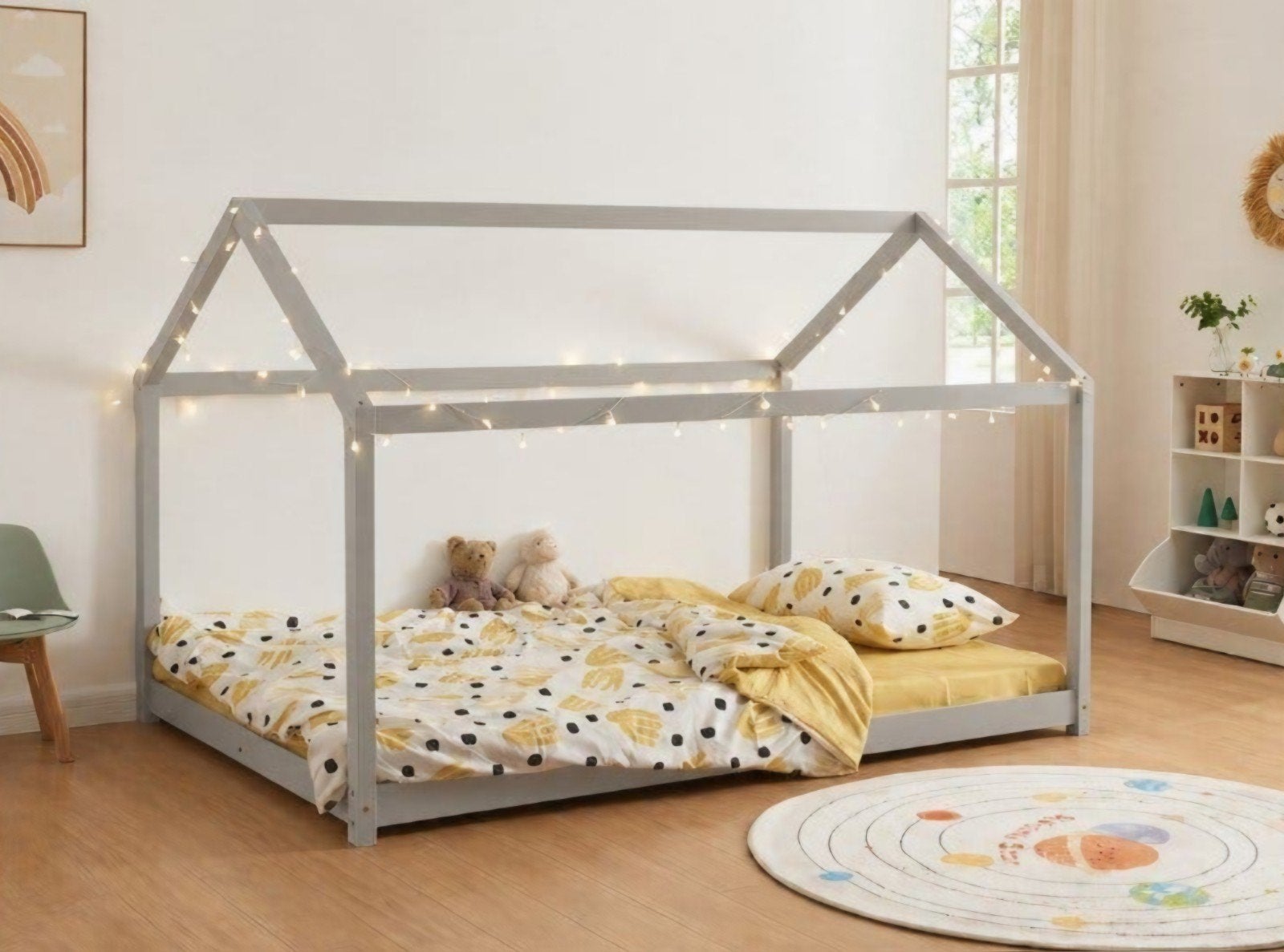 NIEUWWW!! Vloerbed 140x200 - Huisbed Kinderbed, Huis en Inrichting, Slaapkamer | Bedden, Ophalen, 140 cm, 200 cm, Grijs