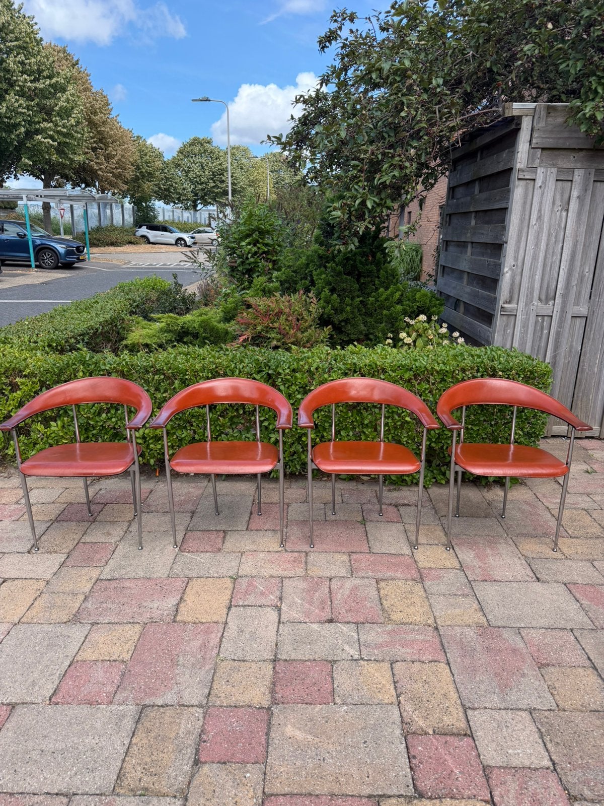 4 vintage Fasem P40 stoelen, Ophalen, Zo goed als nieuw, Bruin, Leer