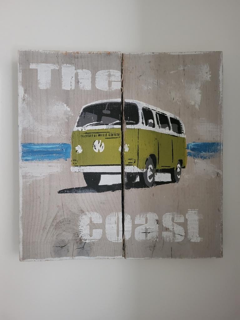 Wanddecoratie VW bus 'The Coast' op hout, Ophalen of Verzenden