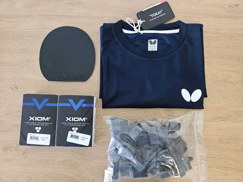 Rakza X + Butterfly t-shirt + Xiom ballen, Sport en Fitness, Tafeltennis, Ophalen of Verzenden, Nieuw, Net, Batje(s) of Balletje(s)