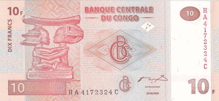 Congo Republiek bankbiljet 10 Francs 2003 Luba Carving, P.93, Ophalen of Verzenden, Overige landen, Los biljet