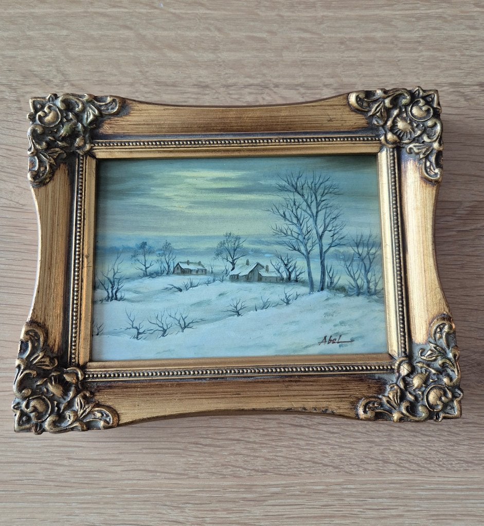 Schilderij Winterlandschap met Gouden Lijst - Gesigneerd, Antiek en Kunst, Ophalen, Paneel, Realistisch, Landschap