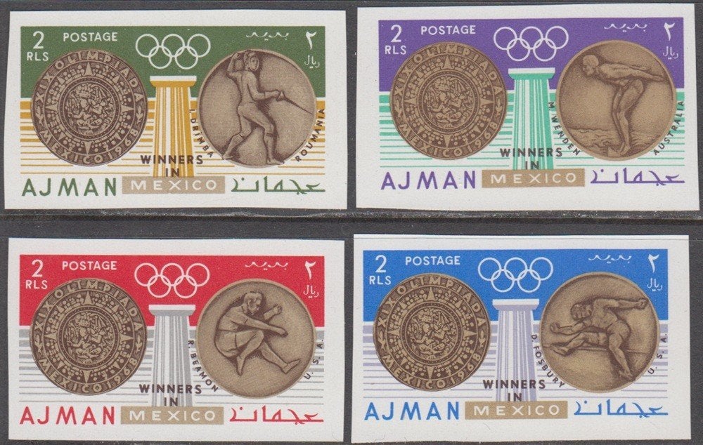 Olympische Spelen '68 Winnaars Goud Ajman Mi. 341/44 onget., Ophalen of Verzenden, Postfris, Sport
