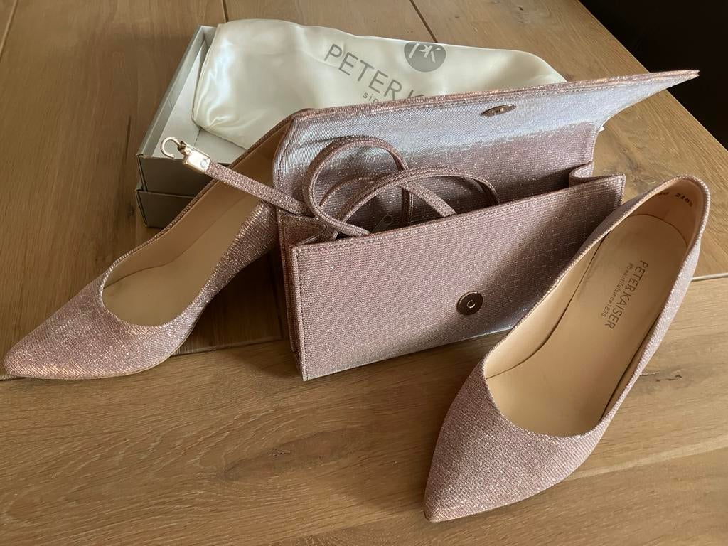Clutch poederroze/glitter met pumps van peter kaiser, Ophalen of Verzenden, Zo goed als nieuw, Roze, Avondtasje