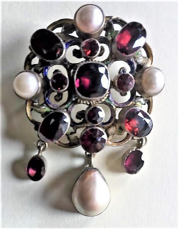 19e Eeuwse Oostenrijk-Hongaarse broche granaten/parels, Sieraden, Tassen en Uiterlijk, Antieke sieraden, Verzenden, Zilver, Broche