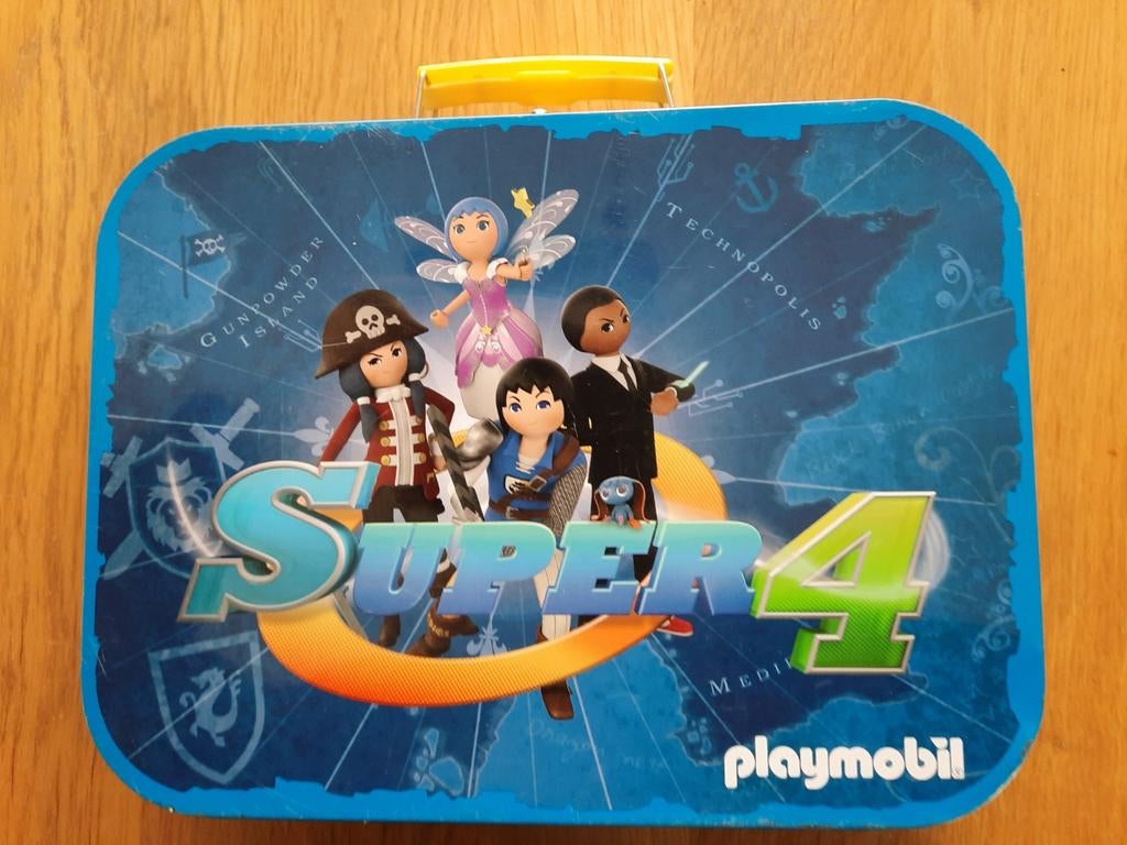 Playmobil - Super 4 Puzzels in blikken koffer, Ophalen of Verzenden, Meer dan 50 stukjes, Gebruikt, 4 tot 6 jaar