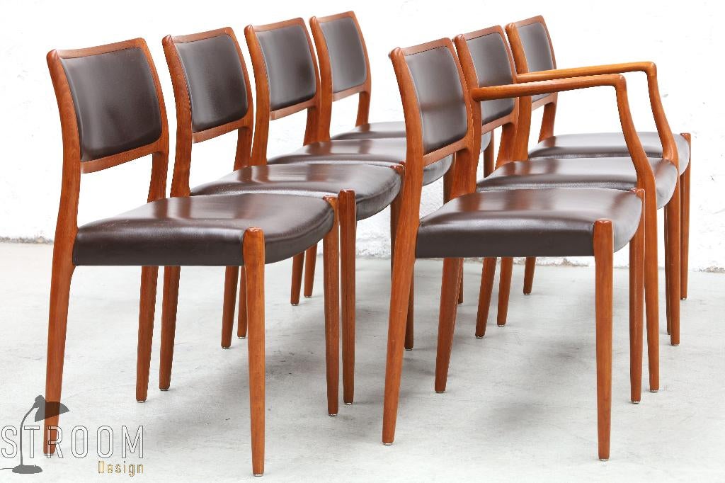 7 Moller Stoelen Jaren 60 Vintage Deens Design Teak Leer, Gebruikt, Zie website, Zie website, Bruin