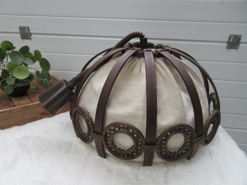 grote vintage hanglamp van manou - rotan en stof trekpendel, Ophalen of Verzenden, Gebruikt, Natuurlijk materiaal