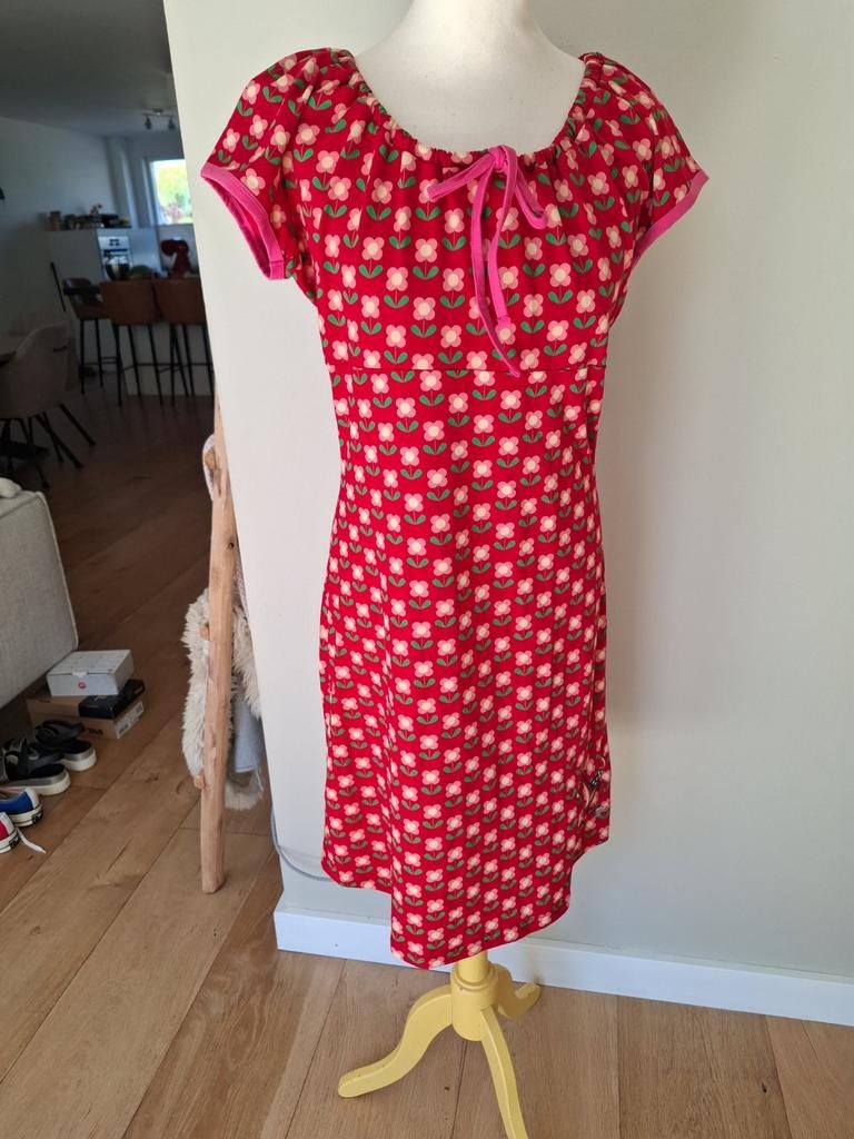 Tante Betsy jurk gebloemd L met hertje, Ophalen of Verzenden, Zo goed als nieuw, Blauw, Knielengte