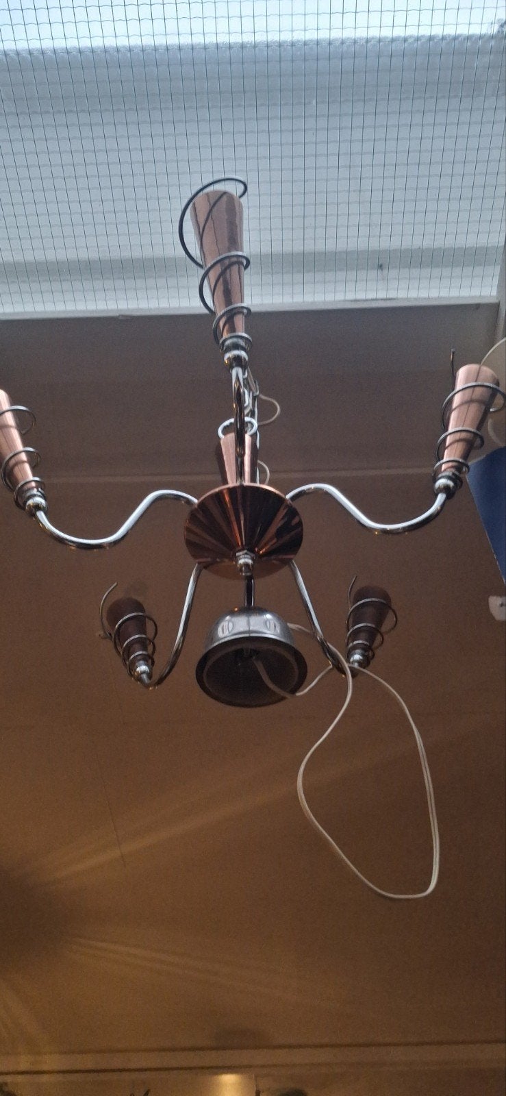 Vintage koperen kroonluchter met 5 armen, Gebruikt, Vintage, Klassiek, Ophalen of Verzenden, Onbekend