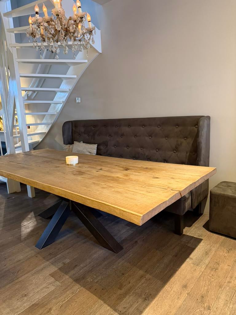 Massief eikenhouten eettafel (boomstamtafel), Teakhout, 100 tot 150 cm, 200 cm of meer, Ophalen of Verzenden