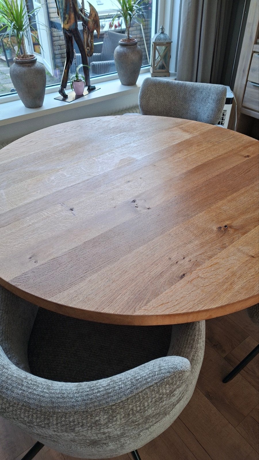 Mooie ronde eettafel van onbehandeld eikenhout, Ophalen, Modern, Industrieel, Rond, Zo goed als nieuw