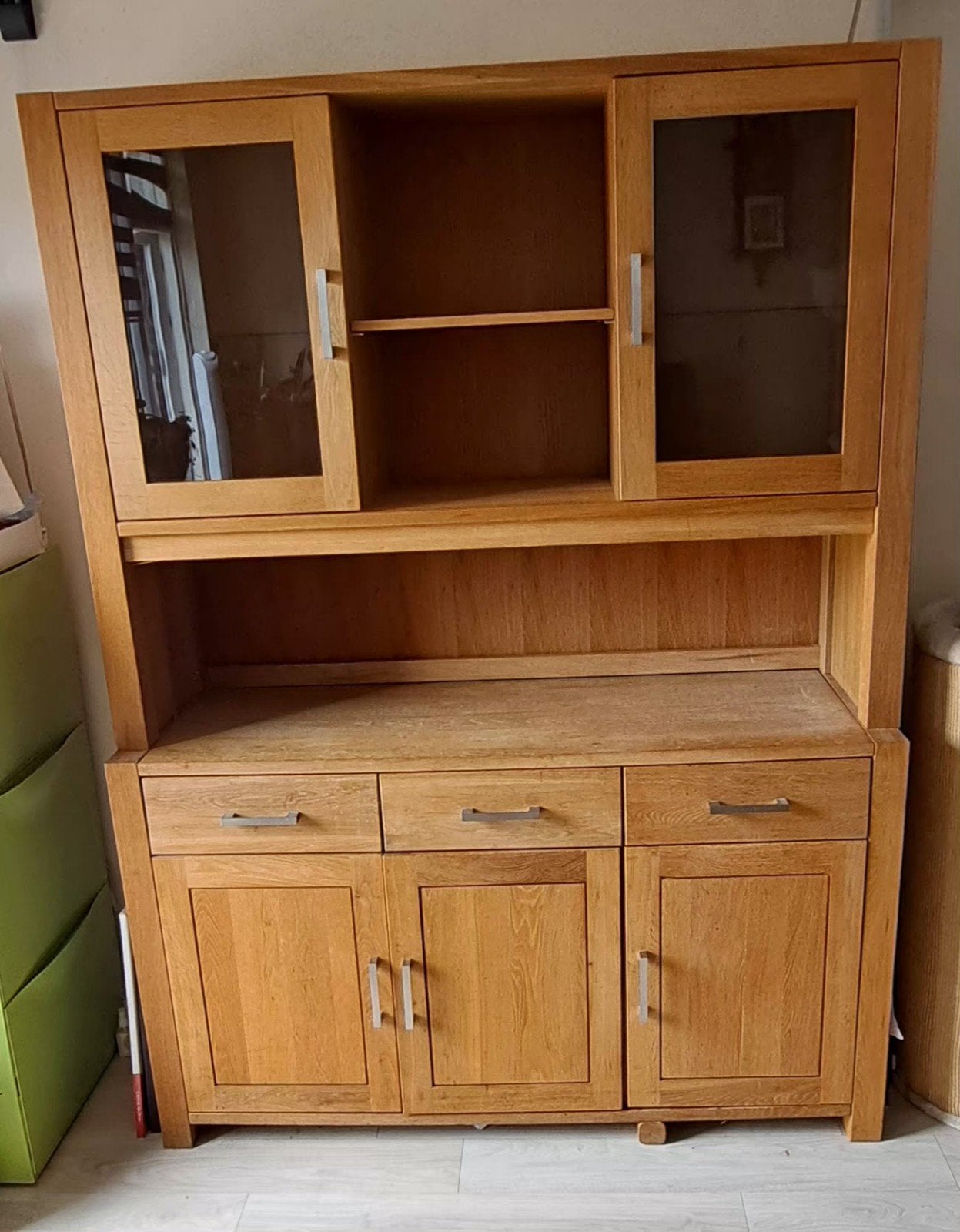 eiken tv-meubel met vitrinekast en salontafel, Glas, Gebruikt, Ophalen of Verzenden, Landelijk, Klassiek