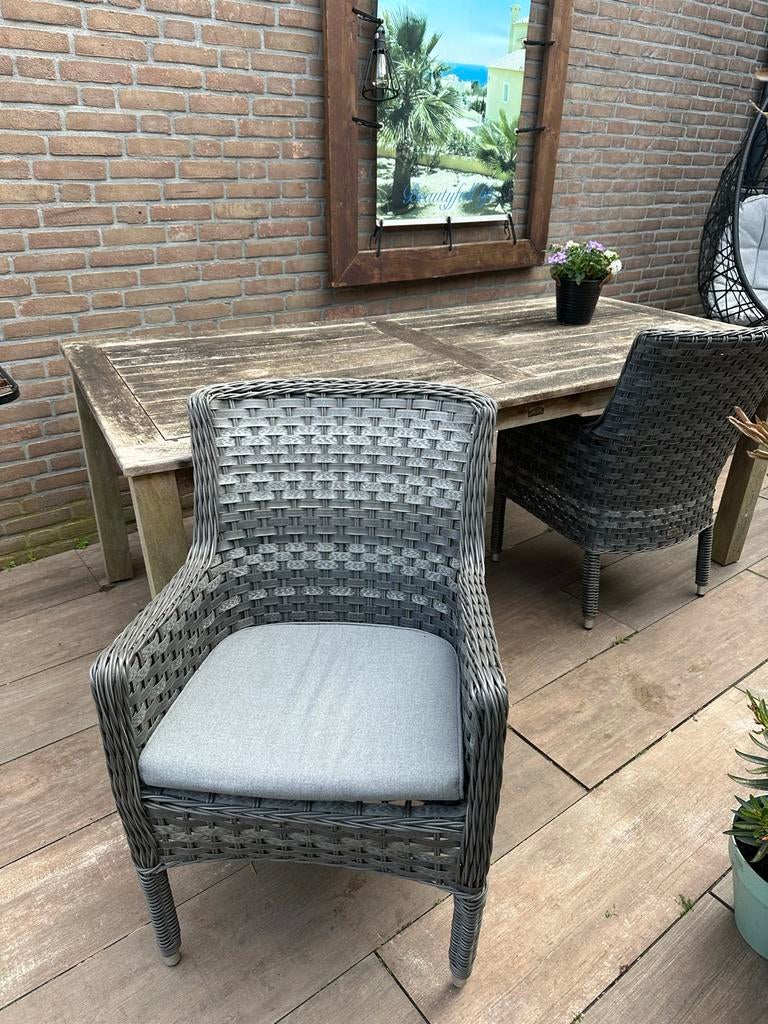 Houten tuintafel met 6 wicker stoelen, Tuin en Terras, Tuintafels, Ophalen, Gebruikt, Rechthoekig, Hout