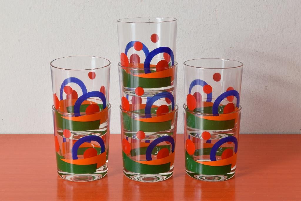 Set van 7 retro vintage France glazen met Memphis decor, Glas of Glazen, Ophalen of Verzenden, Overige stijlen, Glas
