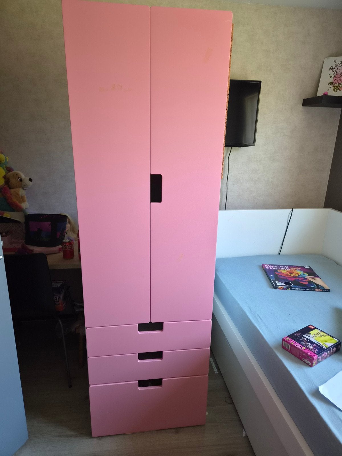 Roze kledingkast met lades en hangruimte, Gebruikt, 200 cm of meer, 50 tot 100 cm, Overige houtsoorten