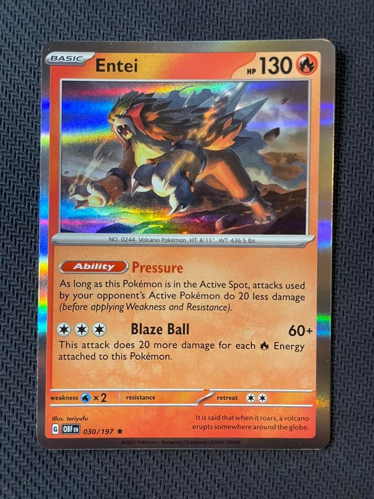 Entei 030/197 Rare Holo Obsidian Flames Packfresh, Ophalen of Verzenden, Zo goed als nieuw